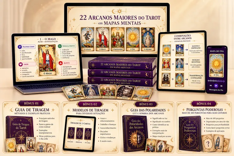 Conjunto completo dos 22 mapas mentais do Tarot em notebook, monitor, tablet, celular e livros, com os 4 bônus