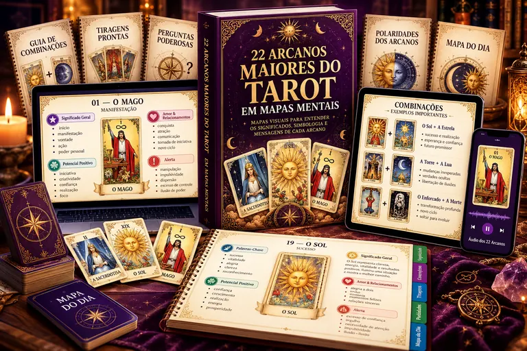 Plano Premium: livro dos 22 Arcanos Maiores do Tarot em Mapas Mentais com os bônus e os mapas em notebook, tablet e celular
